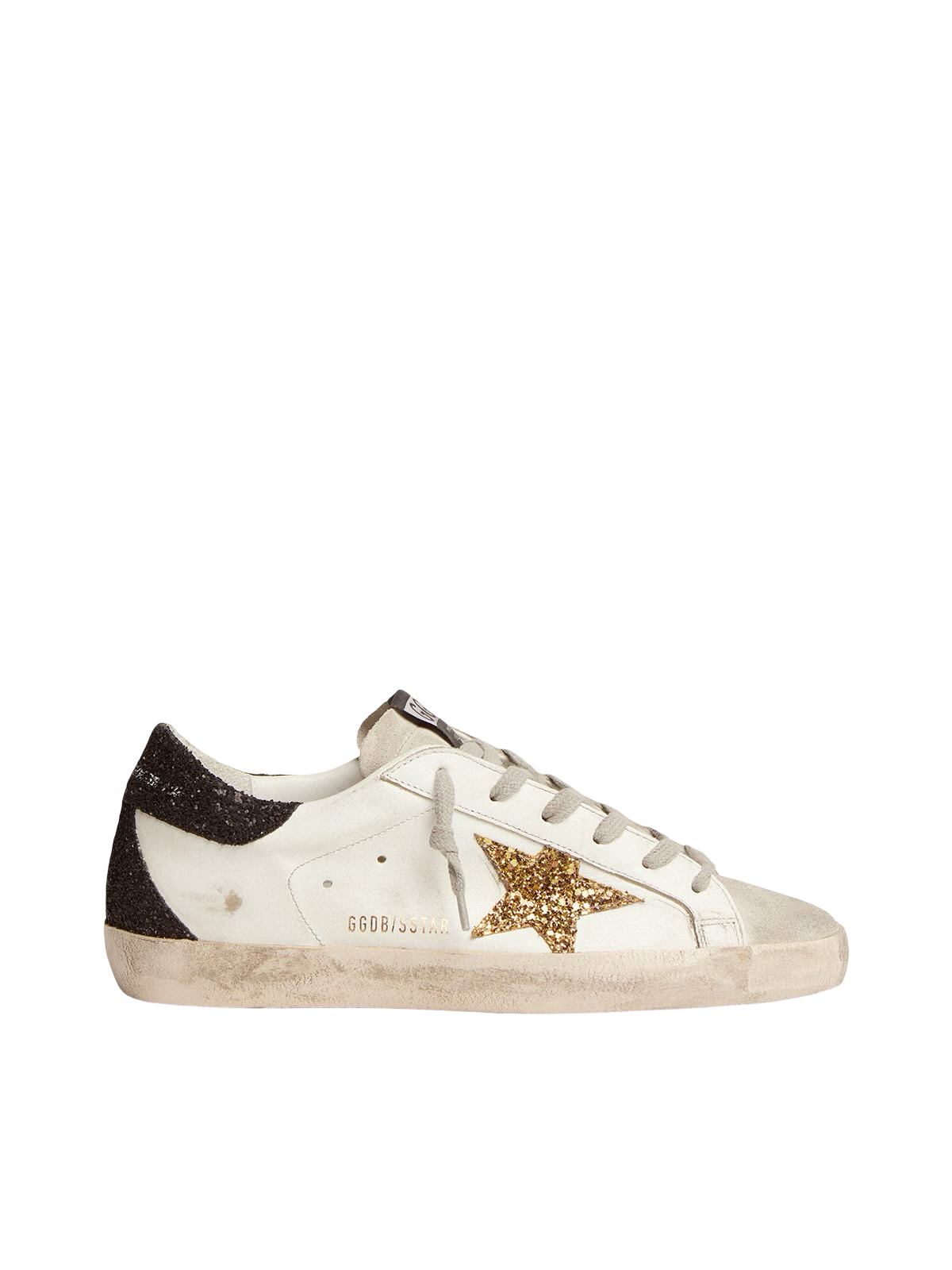 Golden goose Women’s Super-Star in nappa leather with gold glitter star and black glitter heel tab