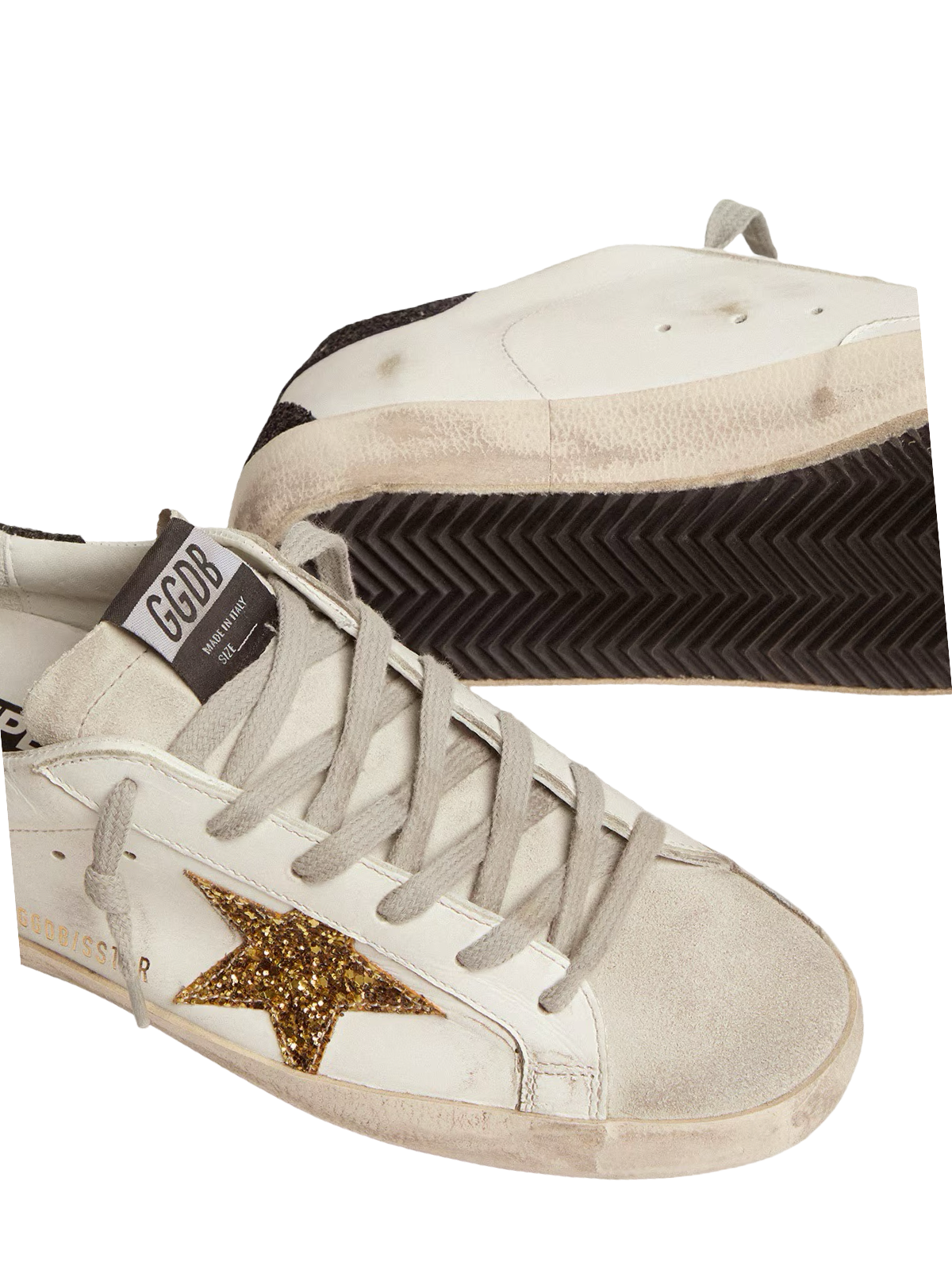 Golden goose Women’s Super-Star in nappa leather with gold glitter star and black glitter heel tab