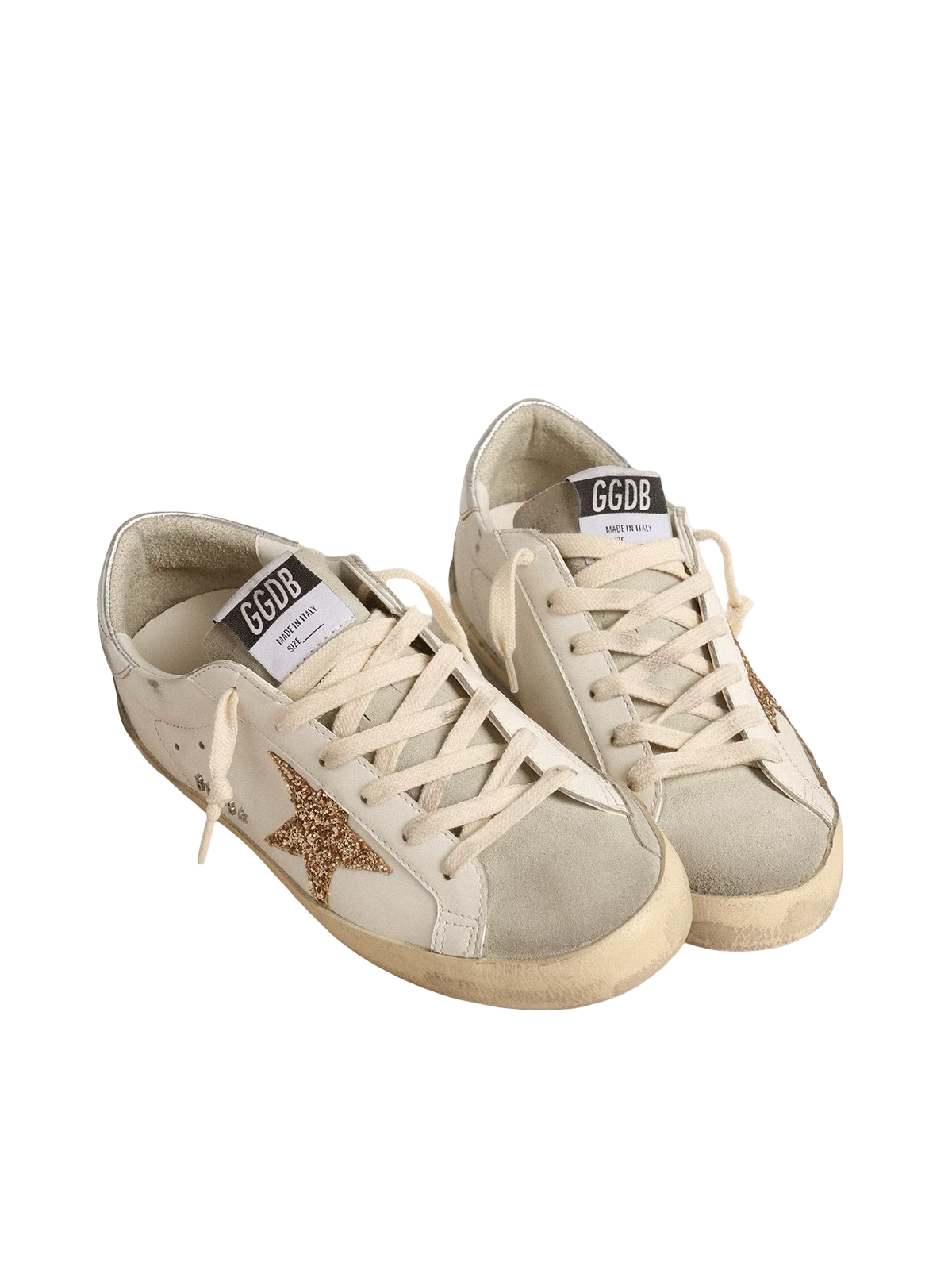 Golden goose Women's Super-Star with gold glitter star and ice-gray suede inserts