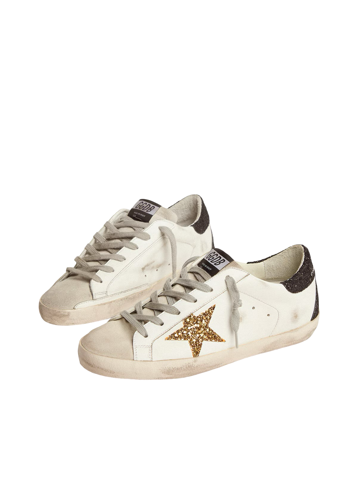 Golden goose Women’s Super-Star in nappa leather with gold glitter star and black glitter heel tab