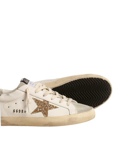 Golden goose Women's Super-Star with gold glitter star and ice-gray suede inserts
